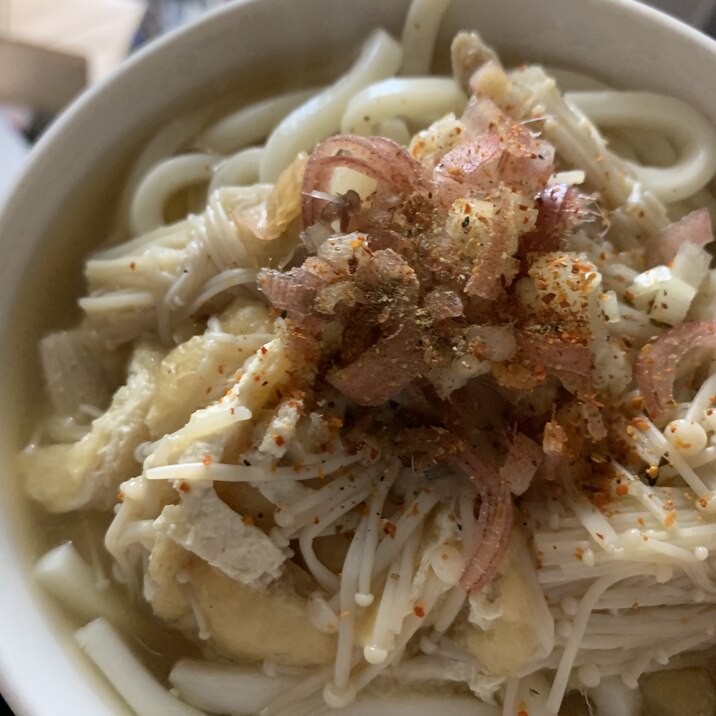 おでんの素活用♪茗荷が爽やかエノキとアゲのうどん